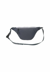 Fanny pack in dark gray fabric, featuring a curved shape, adjustable strap, front zipper pocket, and smooth texture.