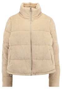 Beige kordfløjl polstret jakke med høj krave, frontlynlås og kviltede sektioner for tekstur. Inkluderer sidelommer.