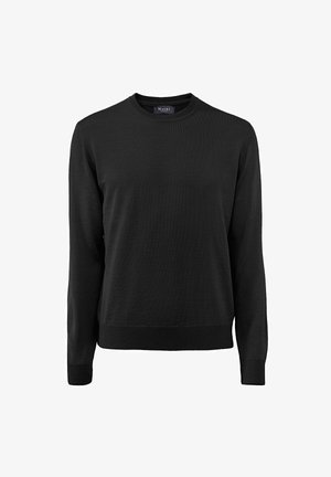 Schwarzer Rundhalspullover aus einem weichen Strickstoff. Mit gerippten Bündchen und Saum, glatte Textur ohne sichtbare Muster oder Logos.