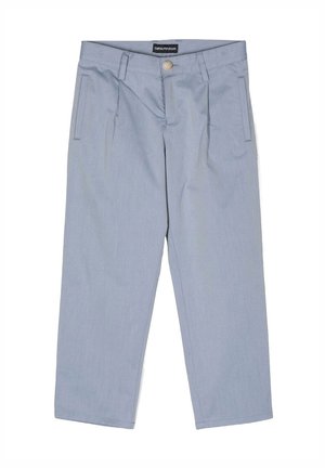 Pantaloni celesti chiari a vita alta con design a gamba dritta, pieghe frontali, due tasche laterali e chiusura con un solo bottone.