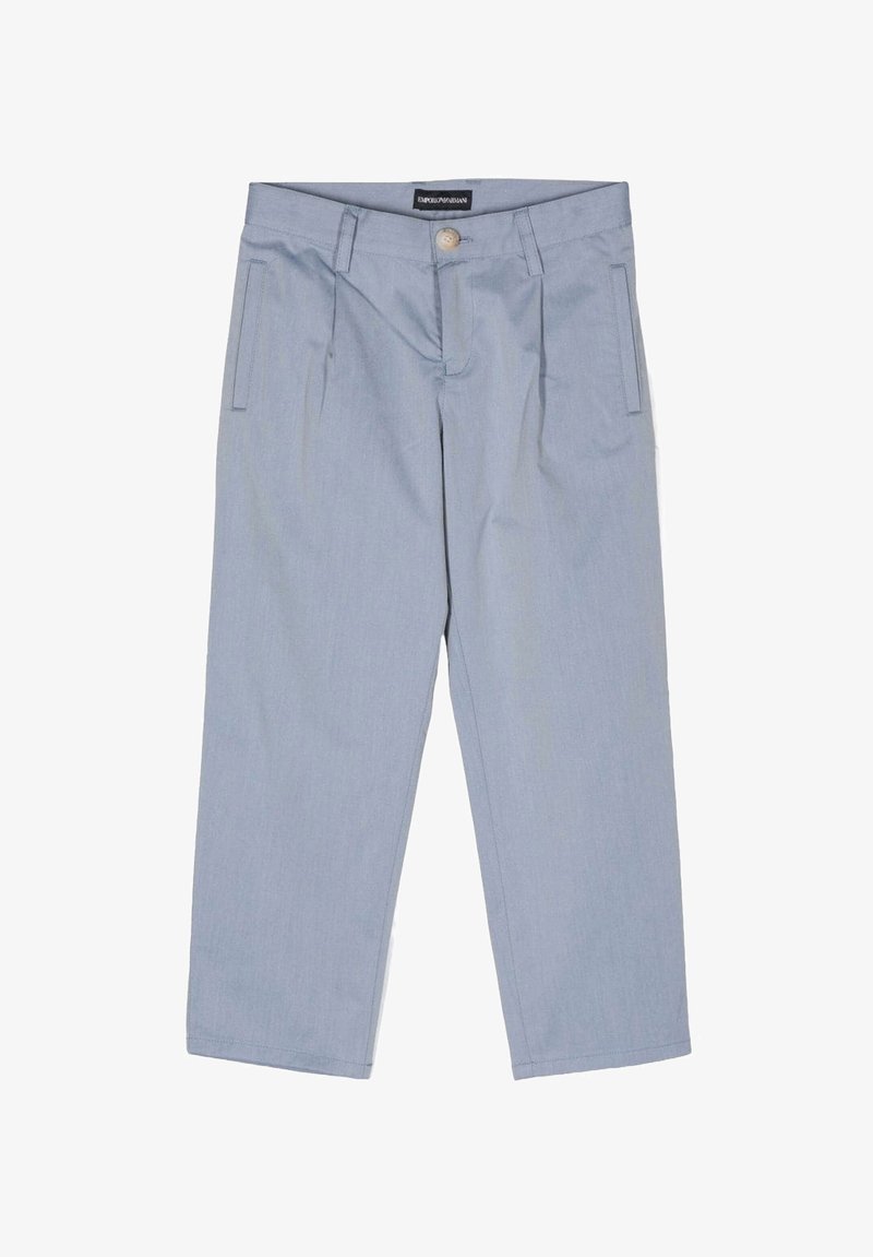 Pantaloni celesti chiari a vita alta con design a gamba dritta, pieghe frontali, due tasche laterali e chiusura con un solo bottone.