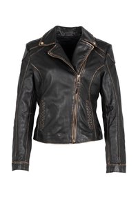 Zwarte leren jack met een getailleerd ontwerp, voorzien van een ritssluiting aan de voorkant, een puntige kraag, contrasterende stikdetails en zijkanten met veters.