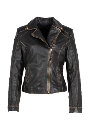 Zwarte leren jack met een getailleerd ontwerp, voorzien van een ritssluiting aan de voorkant, een puntige kraag, contrasterende stikdetails en zijkanten met veters.