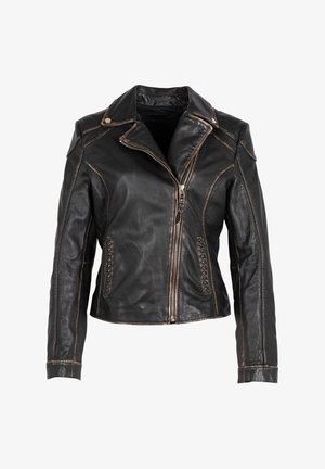 Zwarte leren jack met een getailleerd ontwerp, voorzien van een ritssluiting aan de voorkant, een puntige kraag, contrasterende stikdetails en zijkanten met veters.