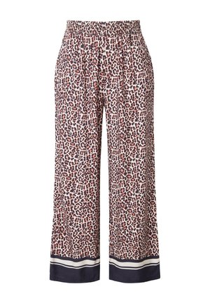 Løstsiddende pyjamabukser med leopardprint, udstyret med elastisk liv og marineblå kant ved kanten. Fremstillet af letvægtsstof.