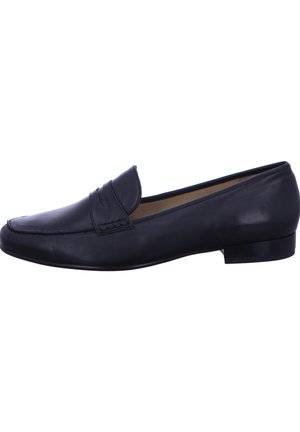 Black leather loafer with a smooth texture, rounded toe, decorative stitching, and a low, flat heel. No visible patterns or hardware details.