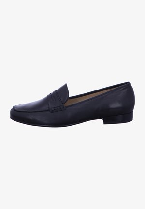 Black leather loafer with a smooth texture, rounded toe, decorative stitching, and a low, flat heel. No visible patterns or hardware details.