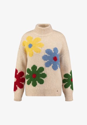 Strickpullover in Creme mit einem hohen Kragen. Enthält farbenfrohe Wollblumenmuster in Gelb, Blau, Rot und Grün über die Vorderseite und die Ärmel.