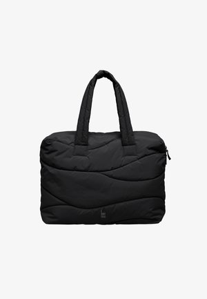 Sac fourre-tout rectangulaire noir matelassé avec deux poignées rembourrées et une fermeture éclair visible en haut.