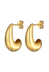 Orecchini a cerchio in tono oro con un design liscio e curvo. Presentano un interno cavo e una chiusura sicura per un indossamento confortevole.
