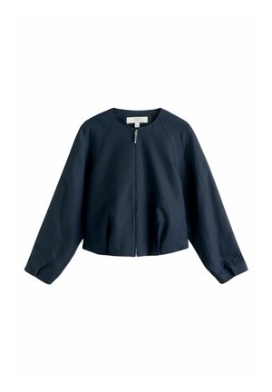 Marineblå jakke med lange ærmer, frontlynlås og rund halsudskæring, vist mod en hvid baggrund.