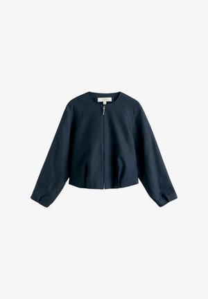 Marineblå jakke med lange ærmer, frontlynlås og rund halsudskæring, vist mod en hvid baggrund.