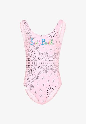 Costume intero rosa con motivi paisley neri e la scritta "Saint Barth" ricamata sul petto con lettere multicolori.