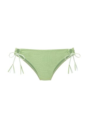Light green bikini bottom with floral pattern and adjustable side ties ending in tassels on a plain white background.