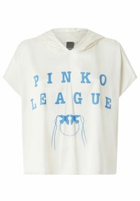 Top corto a maniche corte con cappuccio bianco e testo blu "PINKO LEAGUE" e design grafico che presenta delle mani. Il tessuto appare liscio e leggero.