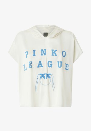 Top corto de manga corta con capucha blanca y texto azul "PINKO LEAGUE" junto con un diseño gráfico que presenta manos. El tejido parece suave y ligero.