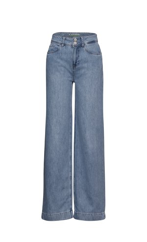 Helle blaue weit geschnittene Jeans aus Denim. Mit hoher Taille, zwei vorderen Taschen, zwei hinteren Taschen und einem Knopfverschluss.