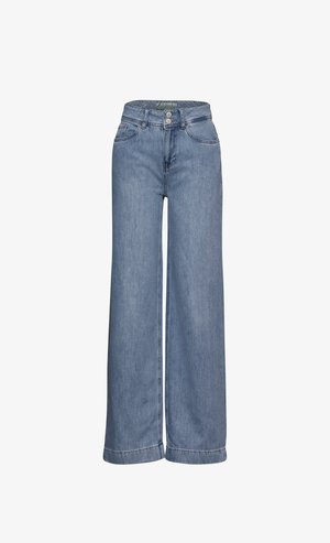Helle blaue weit geschnittene Jeans aus Denim. Mit hoher Taille, zwei vorderen Taschen, zwei hinteren Taschen und einem Knopfverschluss.