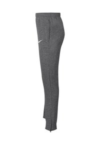 Grijze sportieve joggers gemaakt van zacht materiaal, met een taps toelopend ontwerp, elastische tailleband, zijzakken en een rits bij de enkels.