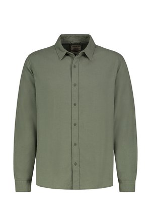 Langärmliges olivgrünes Hemd mit Knöpfen, spitzem Kragen und geknöpften Manschetten, auf weißem Hintergrund dargestellt.