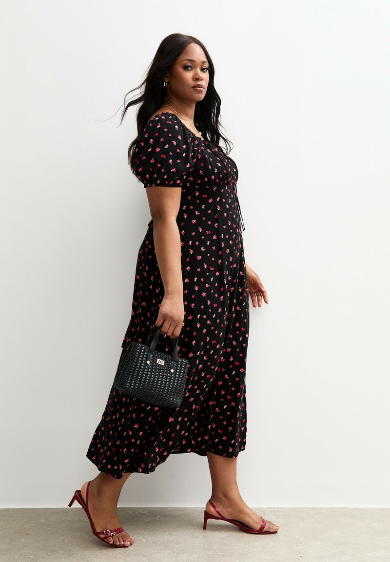 black ditsy print milkmaid midi dress Ditsy Floral Milkmaid Midi Dress