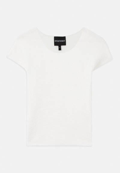 Witte kortekorte mouw top met een ronde hals, gemaakt van een textuurstof en een eenvoudig ontwerp. Etiket vermeldt "Emporio Armani," maat S.