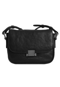 Borsa a tracolla in pelle nera con finitura testurizzata, chiusura a pattina e chiusura metallica. Include cinturini regolabili e branding discreto.