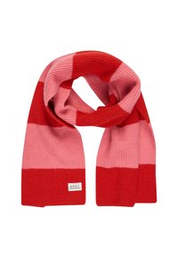 Rot- und rosa gestreifter Schal aus geripptem Strickstoff, mit kräftigen Farbkombinationen und einem kleinen Markenetikett an einem Ende.