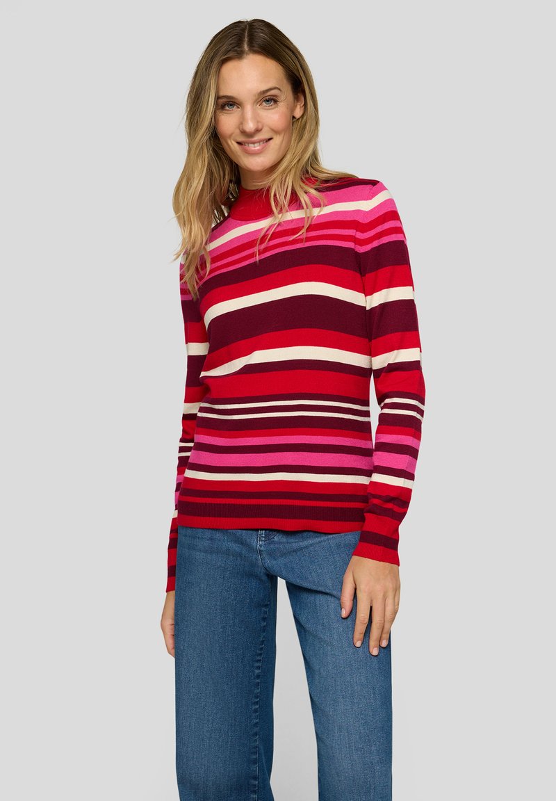Langarmpullover mit horizontalen Streifen in verschiedenen Rottönen, Pink und Beige, mit einem gerippten Kragen- und Ärmelbündchen.