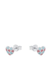 Orecchini a forma di cuore in argento con accenti in smalto blu e rosa, caratterizzati da un motivo dettagliato sulla superficie del cuore e chiusura a posteriore.