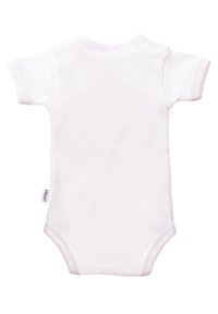 White cotton baby onesie with short sleeves, a round neckline, and a snap closure at the bottom. Soft texture, plain design, no patterns.
