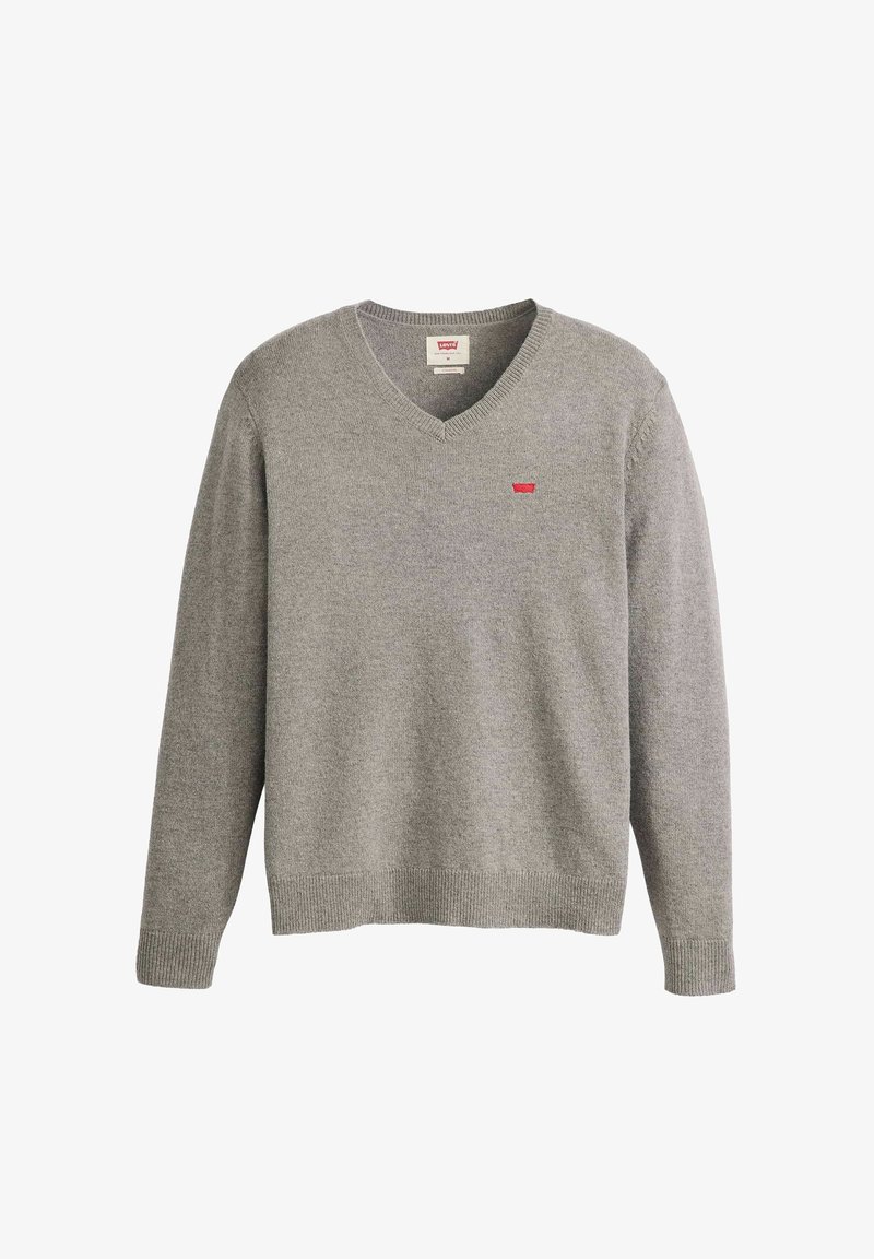 Grau v-ausschnitt Pullover aus weichem Stoff, mit langen Ärmeln, gerippten Bündchen und einem kleinen roten Logo auf der Brust. Klassisches, einfaches Design.