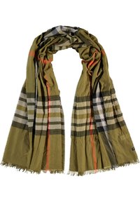 Olivově zelený šátek z lehkého materiálu, s kostkovaným vzorem a béžovými, černými a oranžovými akcenty. Fringované okraje dodávají texturu.