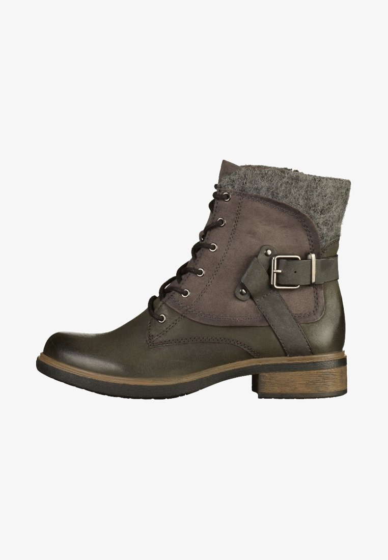 Bottine en cuir brun foncé et daim avec lacets à l'avant, sangle à boucle, bord en laine et talon bas empilé en bois.