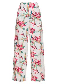 Pantalons à jambe large avec une base blanche et des motifs floraux vibrants en rose et bleu canard. Fabriqués en tissu léger avec une texture douce.