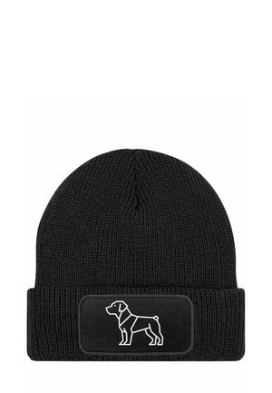 Black knit beanie with a cuff. Features a rectangular patch depicting a dog silhouette in white. Material is soft and textured.