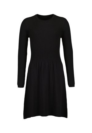 Schwarzes langärmliges Kleid mit geripptem Strickoberteil und glattem Rock, mit rundem Ausschnitt und tailliertem Bund, auf weißem Hintergrund dargestellt.