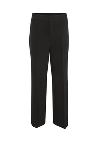 Pantalon de costume noir à jambe droite avec ceinture et passants, fermeture éclair à l'avant, lignes épurées et ajustées.