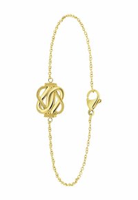 Gold bracelet featuring a twisted knot design, with a smooth texture and a lobster clasp closure. The chain has round links.