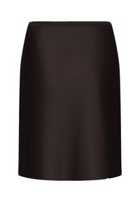 Jupe droite noire jusqu'au genou avec taille élastique, tissu lisse et détail subtil d'une fente latérale.