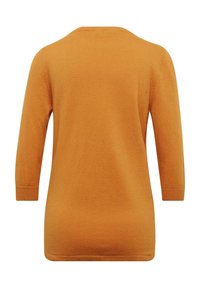 Langärmliger, orangefarbener Pullover mit rundem Ausschnitt, glatt strukturiert und einem leicht lockeren Sitz. Keine sichtbaren Marken- oder Musterdetails.