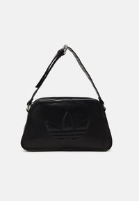 Černá syntetická kabelka s texturovaným povrchem, s vyvýšeným logem Adidas trefoil, zipovým uzávěrem a jedním nastavitelným popruhem.