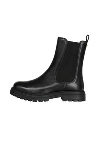 Czarne skórzane botki Chelsea z elastycznymi panelami bocznymi, okrągłym noskiem i strukturalną gumową podeszwą. Posiadają małą pętelkę z tyłu.
