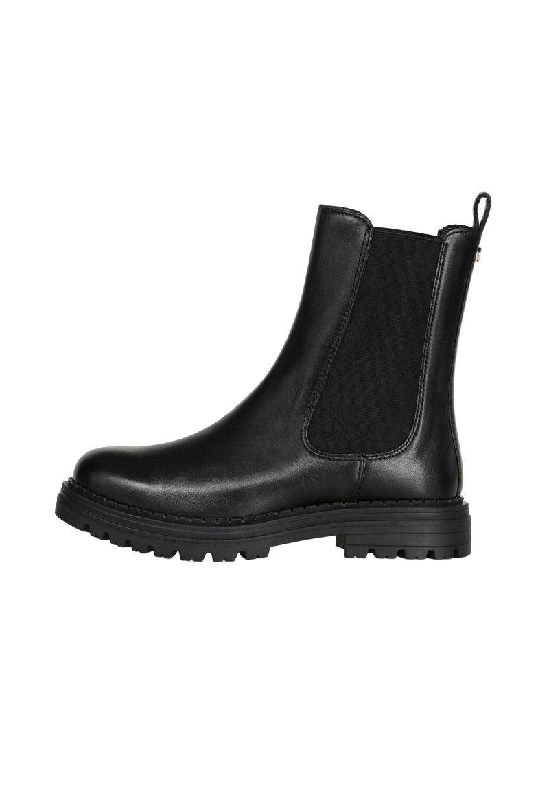 Czarne skórzane botki Chelsea z elastycznymi panelami bocznymi, okrągłym noskiem i strukturalną gumową podeszwą. Posiadają małą pętelkę z tyłu.