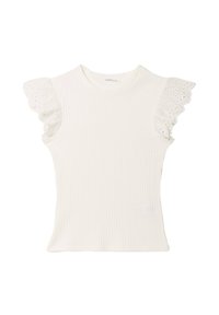 T-shirt blanc en coton côtelé avec des manches courtes en dentelle festonnée et un col rond. Le tissu est doux avec une coupe ajustée.