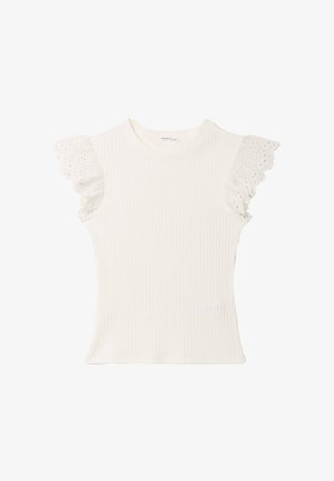 White ribbed cotton t-shirt with short, ruffled eyelet lace sleeves and a round neckline. Fabric is soft with a fitted shape.