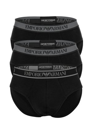 Trois paires de slips noirs pour hommes avec une ceinture logo grise portant "EMPORIO ARMANI". Matière en mélange de coton avec une texture douce.