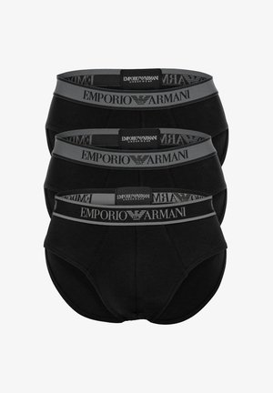 Trzy pary czarnych męskich majtek z szarym paskiem z logo "EMPORIO ARMANI". Materiał z mieszanki bawełny o gładkiej teksturze.