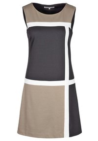 Robe sans manches avec un col rond présentant un design en blocs de couleurs noir, beige et blanc. Tissu lisse, coupe évasée, longueur genou.