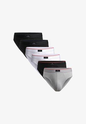 Kuusi paria miesten alushousuja mustana, valkoisena ja harmaana. Jokaisessa on pehmeä vyötärönauha, jossa on kontrastivärinen reunus ja logotagi edessä.